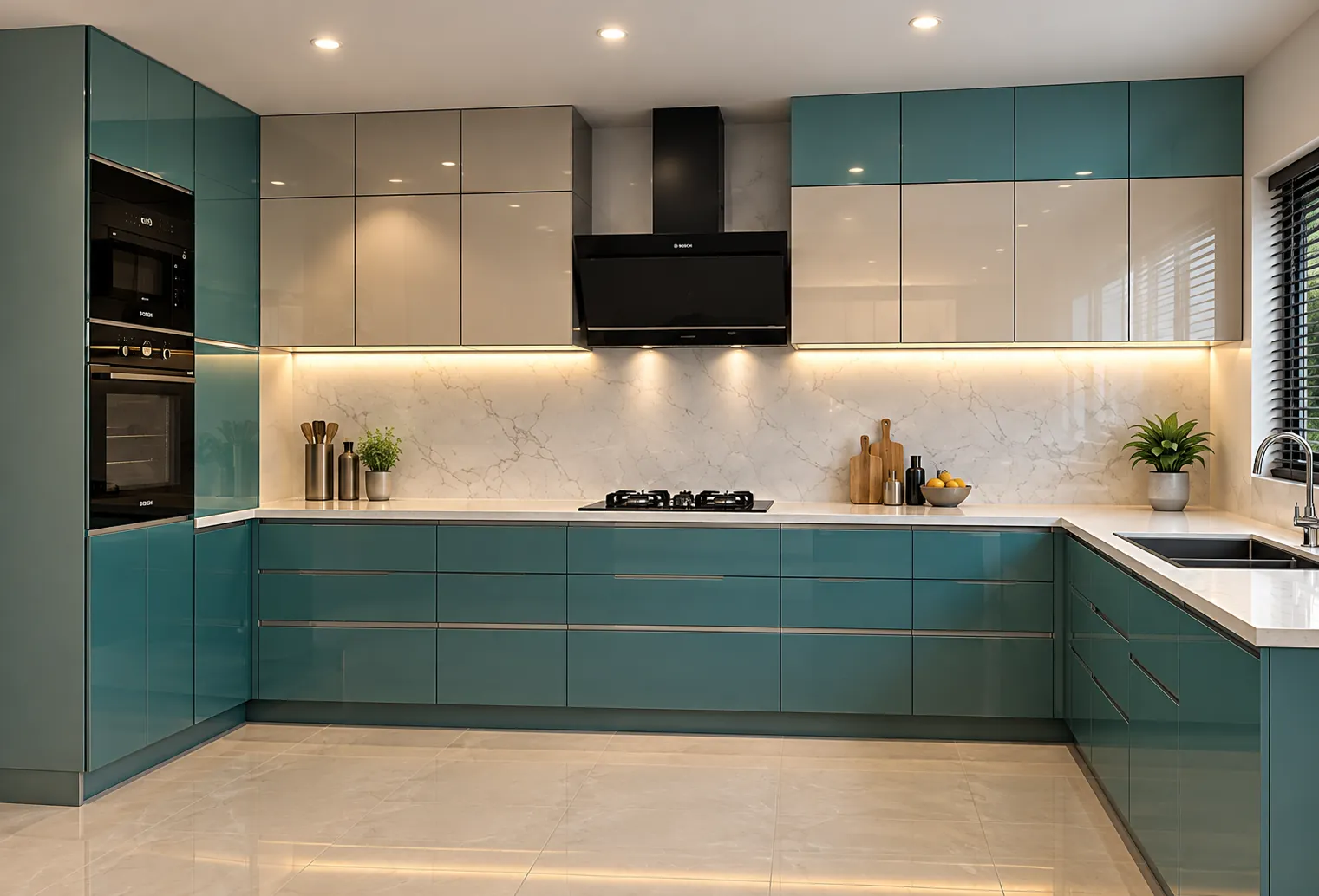 Green modular kitchen with marble countertops and brass fittings